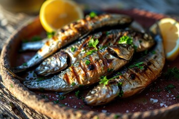 Portuguese Seas on Your Plate: Experience the Coastal Magic with Sardinhas Assadas - Grilled Sardines, a Culinary Symphony of Freshness, Traditional Flavors, and Culinary Artistry from Portugal - obrazy, fototapety, plakaty