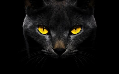 The muzzle of a black cat with yellow eyes. The face of a cat.