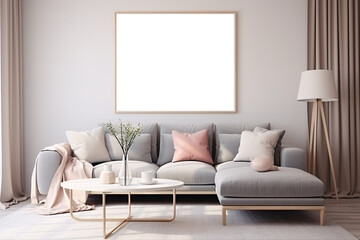 Mockup poster frame in modern interior living room. Generative AI illustration.