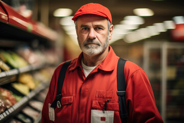 Man supermarket worker in uniform - obrazy, fototapety, plakaty