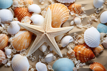 Fototapeta na wymiar Starfish and seashells on the shore, seaside vacation concept