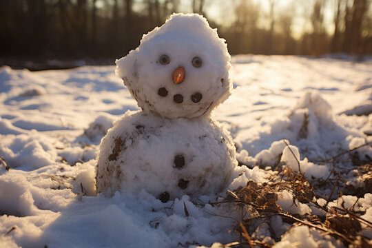 Melting snowman in mud, concept of spring, global warming