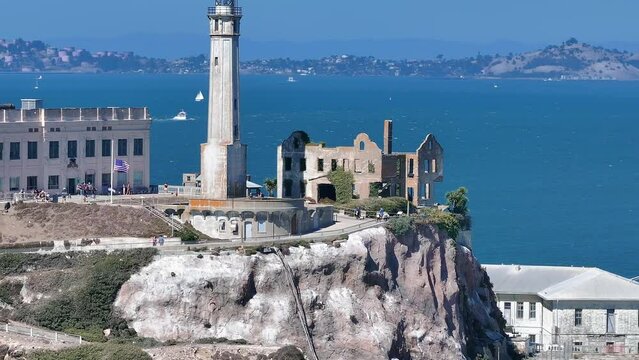 Aerial view of Alcatraz island in the San Francisco Bay. Close up view of the classical prison of Alcatraz, USA. 