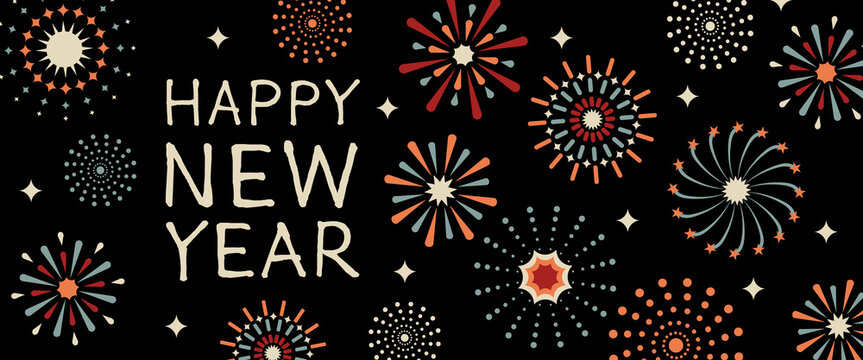 Happy New Year - Schriftzug in englischer Sprache. - Frohes neues Jahr. Grußkarte mit abstraktem Feuerwerk.