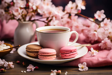Fototapeta na wymiar Cup of tea and macaroon dessert on a background of cherry blossoms
