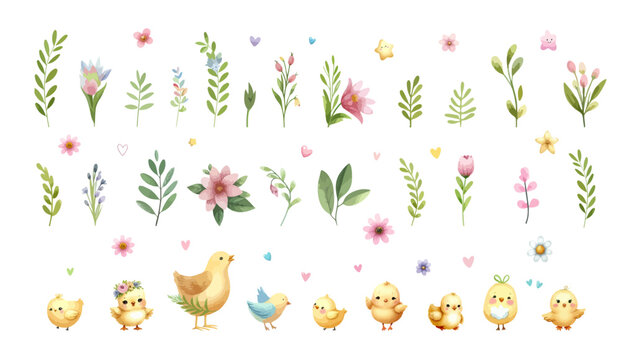 Set of Easter design elements. Leaves, flowers, chicken, branches. Perfect for holiday decoration and spring greeting cards.