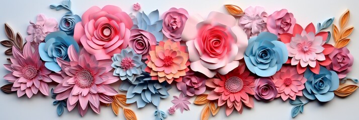 3d rendering, paper flowers, pastel color palette, botanical background, isolated clip art, bouquet, floral border