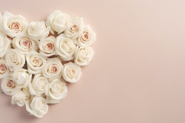 White roses on pink background,wedding background in the form of a heart of white roses delicate tones, copy space
