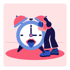 Time eats money vector illustration girl feeds alarm clock with money