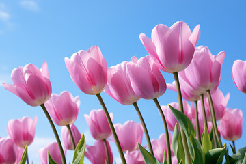 Close up of pink spring tulip flowers in full bloom with clear blue sky in background