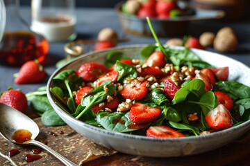 Vibrant Culinary Palette: Dive into the Refreshing World of Strawberry Spinach Salad with Balsamic Glaze - An Artful Composition of Fresh Greens and Seasonal Delights for a Culinary Extravaganza