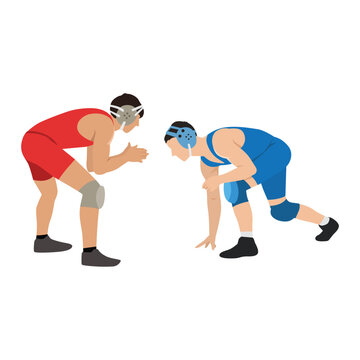A two young strong athletes is a freestyle wrestlers begin their duel. Flat vector illustration isolated on white background