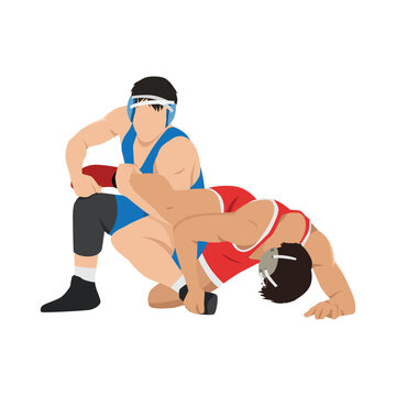 Image of athletes wrestlers in wrestling, fighting. Greco Roman wrestling, fight combating, struggle grappling, duel and mixed martial art. Flat vector illustration isolated on white background