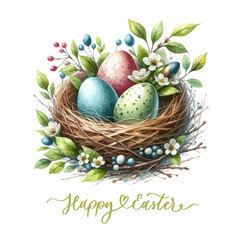 Spring Easter watercolor composition. Easter eggs in nest with flowers.