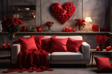 The interior of a room decorated for Valentine's Day