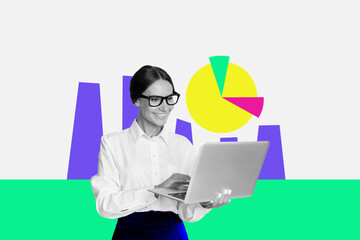 Creative collage image black white filter successful smile enjoy lady work freelance startup company growth saving money neon poster