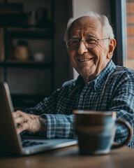 Smiling Elderly Man in Glasses With a Cup of Tea, Gazing at the Camera from a Lower Angle, Seated Behind a Laptop, Sporting Gray Hair, and a Checkered Shirt
