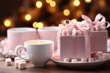 Pink gift boxes and a cup of coffee