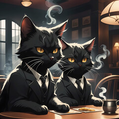 Black gangster cats at a table in a restaurant