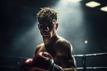 Fototapeta na wymiar In the Boxing Arena: With Gloves Laced Up, a Boxer Showcases Exceptional Skill in Shadowboxing, Displaying Athletic Prowess, Precision Movements, and Unyielding Dedication to the Art of the Sport