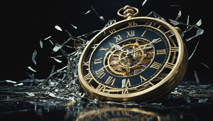 Broken antique gold pocket watch, time concept