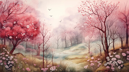Abstract Watercolor Painting: Spring in the Forest, Blossoming Trees and Flowers, Birds in Flight, a Pink Cloud of Bloom Drifting Over the Woods - Capturing the Essence of Seasonal Awakening