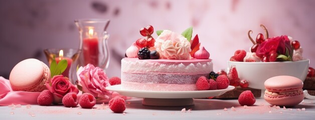 cake and dessert with fresh berries and cream in the style of light pink and crimson, bokeh panorama