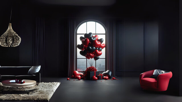 a bunch of red and black heart shaped balloons in front of a window, a 3D render , pixabay contest winner, romanticism, black background, matte background, stockphoto