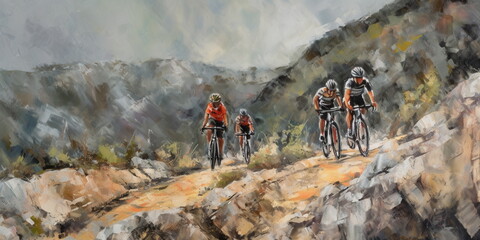 Cyclists in the mountains oil on canvas a picture