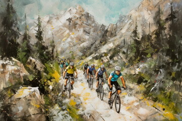 Fototapeta premium Cyclists in the mountains oil on canvas a picture