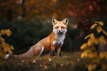 Naklejka na ściany i meble Autumn forest fox. Wildlife red furred mammal predator in fall season. Generate ai