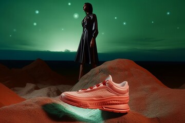 Bright shoes alien mars ufo. Surrealist sport sneakers otherworldly ambiance. Generate ai
