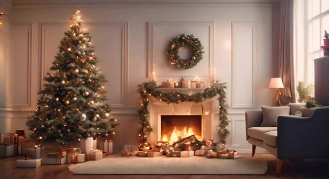 Christmas tree and fireplace on Christmas Day