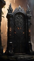 A towering, obsidian gate looms before you, its intricate carvings and glowing runes hinting at the powerful PC components that lie beyond.