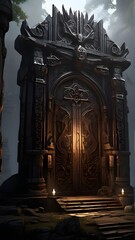A towering, obsidian gate looms before you, its intricate carvings and glowing runes hinting at the powerful PC components that lie beyond.