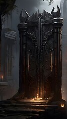 A towering, obsidian gate looms before you, its intricate carvings and glowing runes hinting at the powerful PC components that lie beyond.