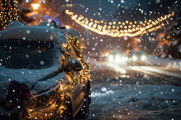 festive spirit by incorporating holiday decorations or lights while clearing snow from the car in a cinematic photo.
