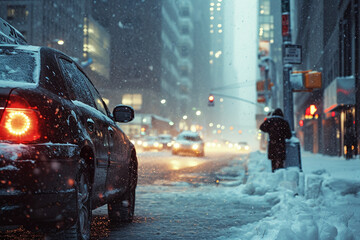 urban winter experience with a cinematic shot of a person preparing their car for the daily commute in a snow-covered cityscape.