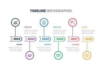 Vector Infographic Company Milestones Timeline Template with pointers on a curved road line - obrazy, fototapety, plakaty
