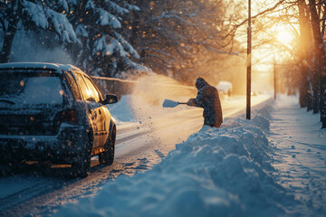cinematic photo of an individual clearing snow from their car on a serene winter morning, highlighting the routine with a touch of elegance.