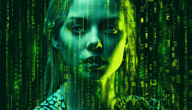 Female face against binary code. Human looking at camera from matrix digital signs and numbers