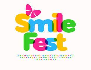 Vector artistic banner Smile Fest. Bright Colorful Font. Children cute Alphabet Letters and Numbers set.