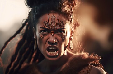 Maori woman with angry face. Screaming furious woman with facial tattoos. Generate ai - obrazy, fototapety, plakaty