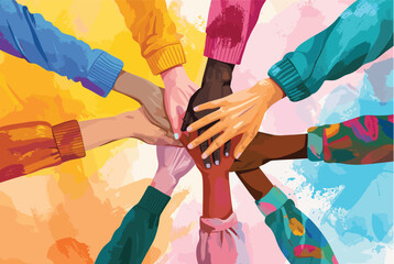 colorful hands together, symbol of diverse unity and collaboration - obrazy, fototapety, plakaty