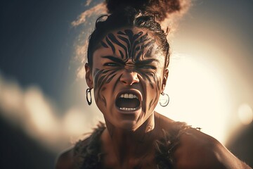 Maori yelling woman with angry face. Tribal fury female with tattoos marks on face. Generate ai