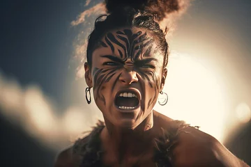 Fotobehang Maori yelling woman with angry face. Tribal fury female with tattoos marks on face. Generate ai © nsit0108