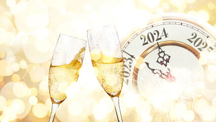Vintage gold clock strikes New Year 2024 with glasses of champagne on a beige background with bokeh...