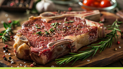 Raw T Bone steak on wooden board prepared to Grill