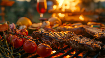 Evening barbecue party with grilled meat and vegetables