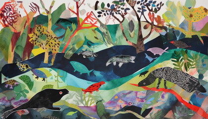 Ecology and nature gouache and collage